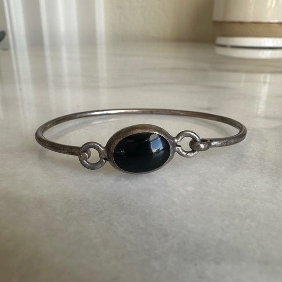 VINTAGE • Onyx & Silver Handmade Bracelet Mexico Goth Bohemian Rustic Witchy - Picture 2 of 9